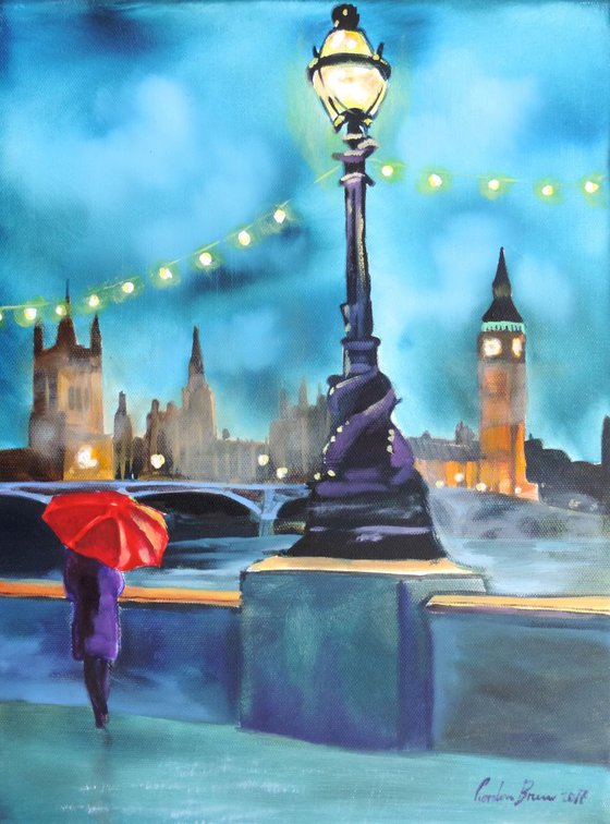 London painting woman with a red umbrella