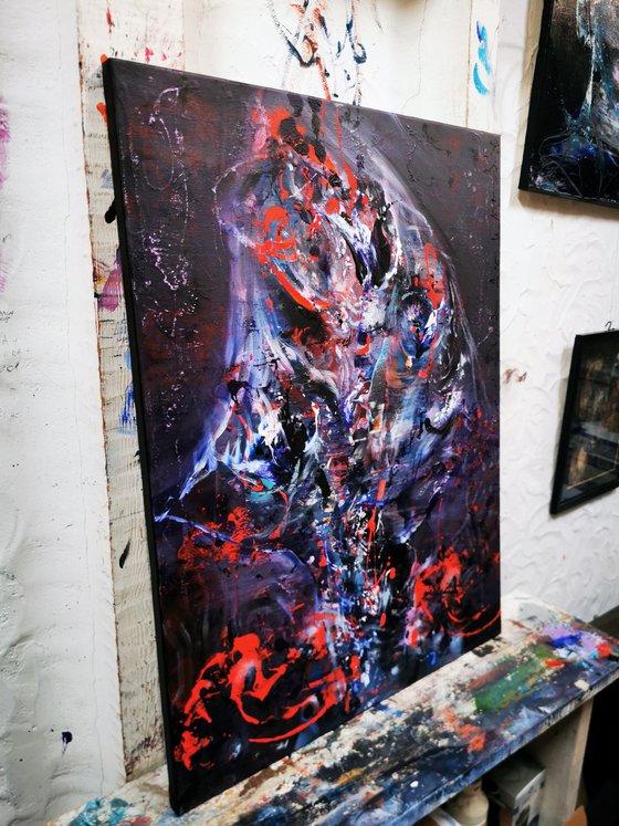 Deep purple and red enigmatic dark gothic abstract gestural abstract painting still life by O Kloska
