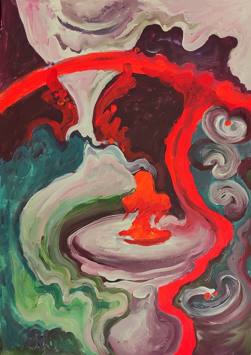 Expressive Abstract Acrylic Painting By Tetiana Borys, 12 X 16", Fountain And Angel, Original Artwork