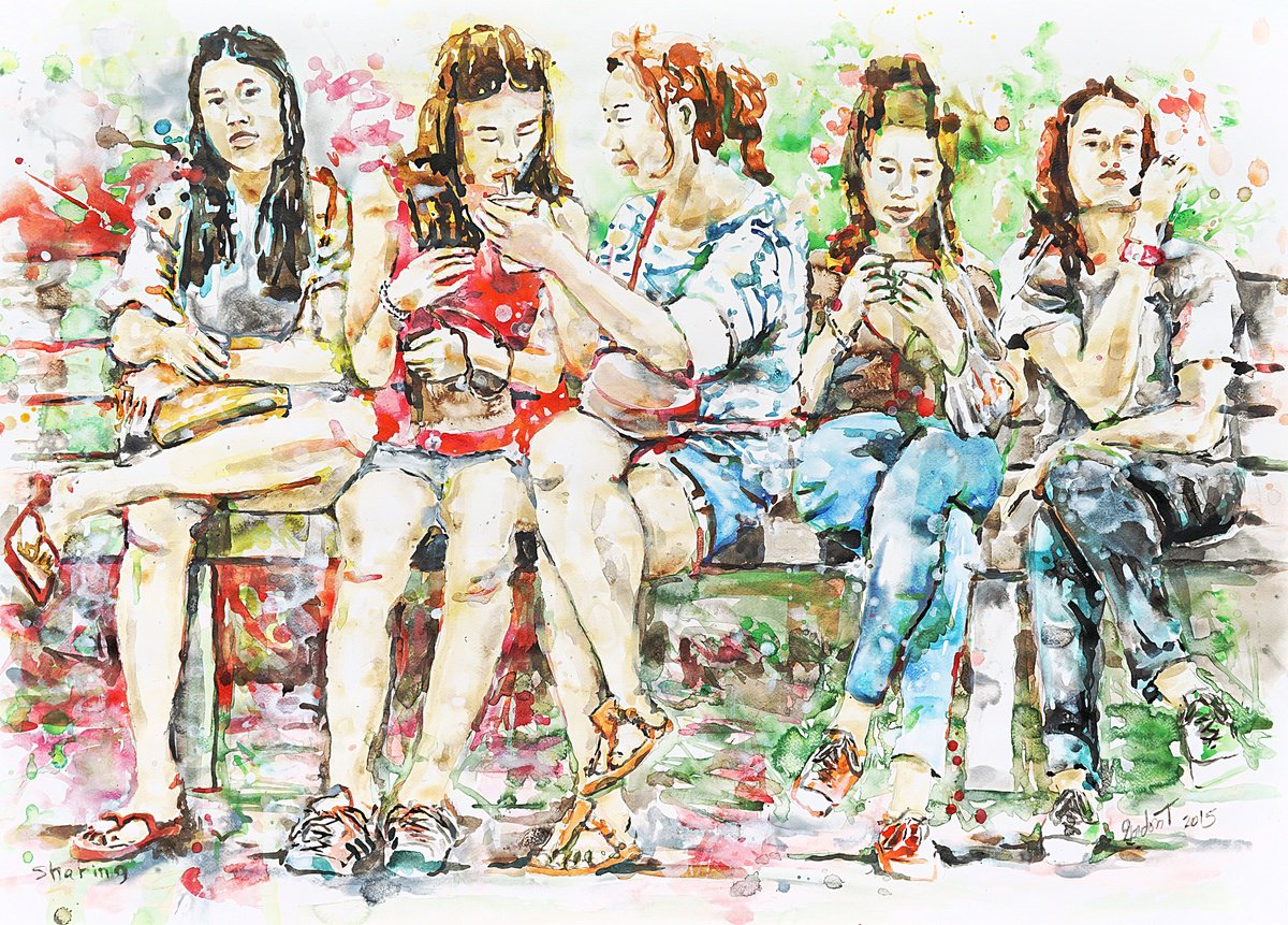 Expressive Portrait Acrylic Painting By Gordon T., 41 X 30, Sharing, Original Artwork