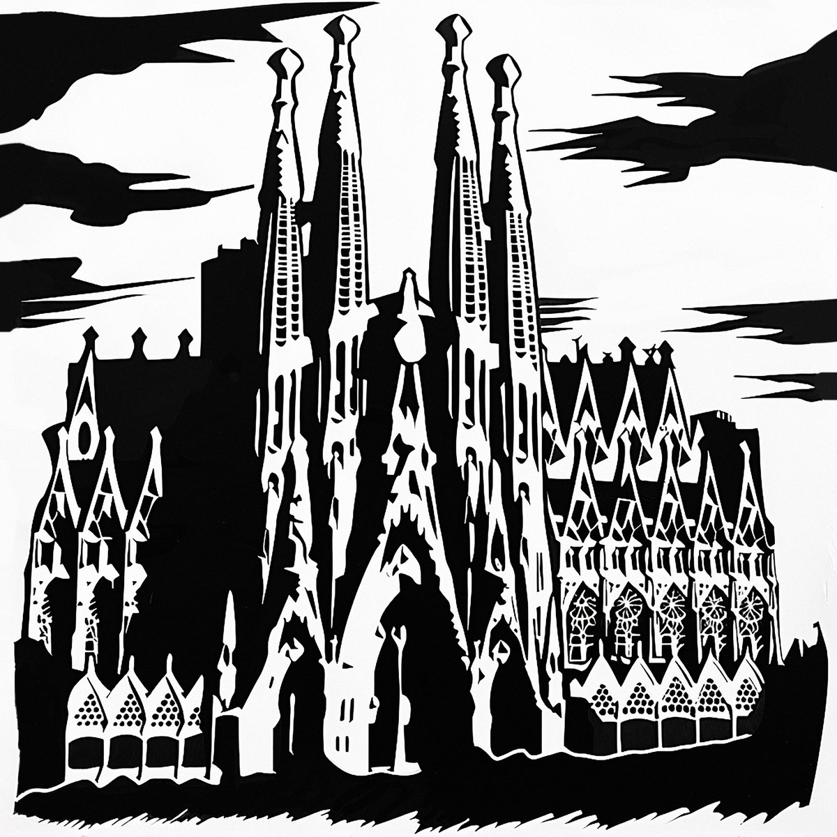 Illustrative Cityscapes Ink Drawing By Kosta Morr, 12 X 12", Sagrada Familia, Original Artwork
