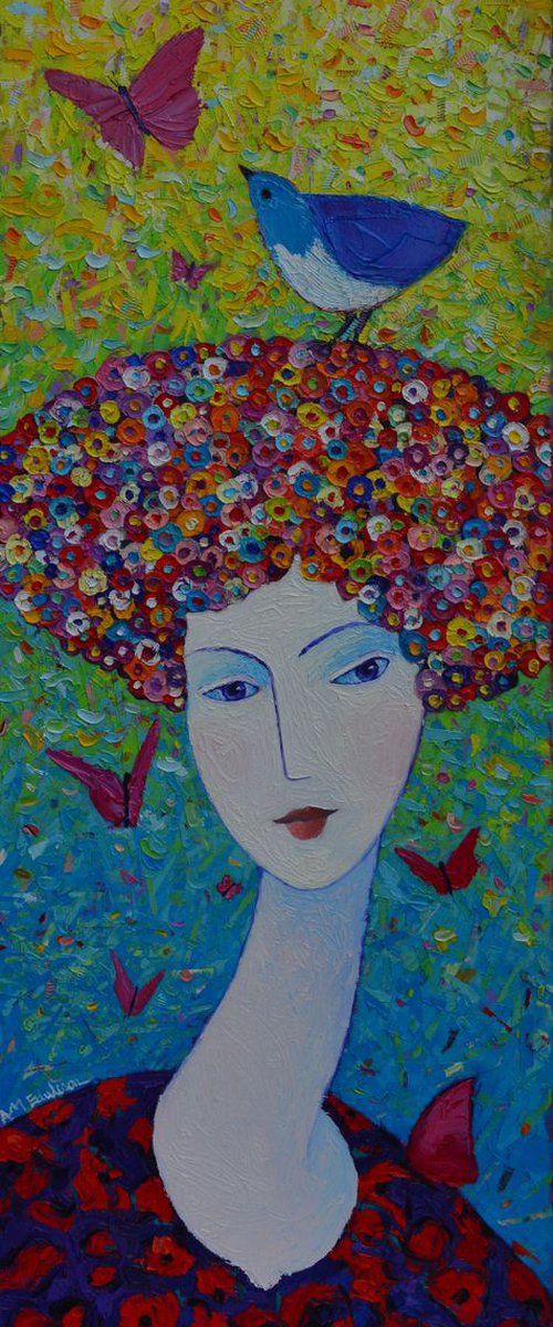 FEMININITY GRACE IN SPRING 100x40 cm abstract portrait modern impressionist palette knife oil painting on stretched canvas by ANA MARIA EDULESCU