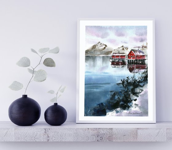 Scandinavian sea painting with red houses, original watercolor artwork, ocean painting , gift idea