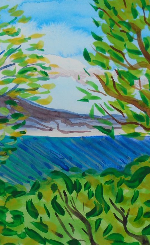 Pine trees, sea and mountains by Kirsty Wain