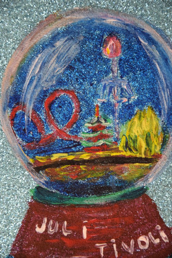 Christmas snow globe original acrylic painting, Copenhagen ball, amusement park