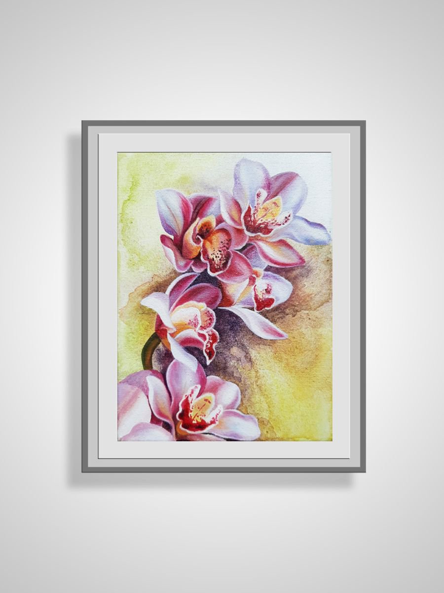 Orchid flowers art, small floral painting, gift for woman by Anna Steshenko