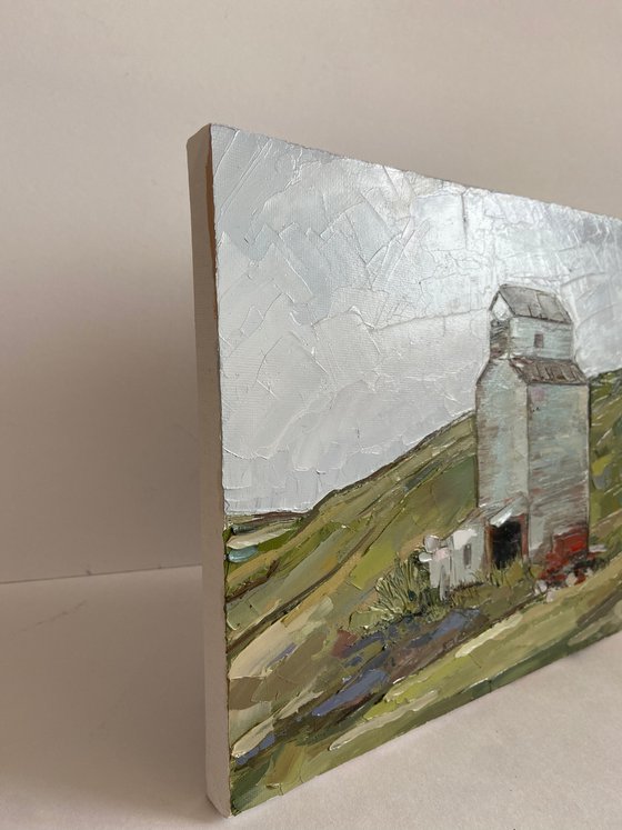 Abstract landscape Montana Grain elevator Original Oil Painting 22x28cm 8.5x11inch