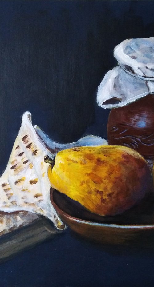 Yellow pears - modern still life with pears and ancient pot. by Liubov Samoilova