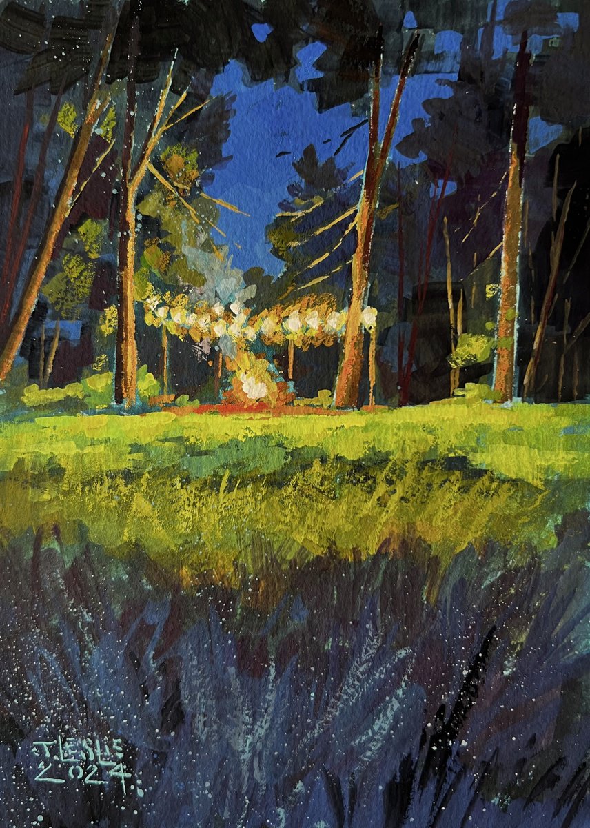Impressionistic Landscape Painting By Jimmy Leslie, 5 X 7, Down By The Fire Pit, Original Artwork