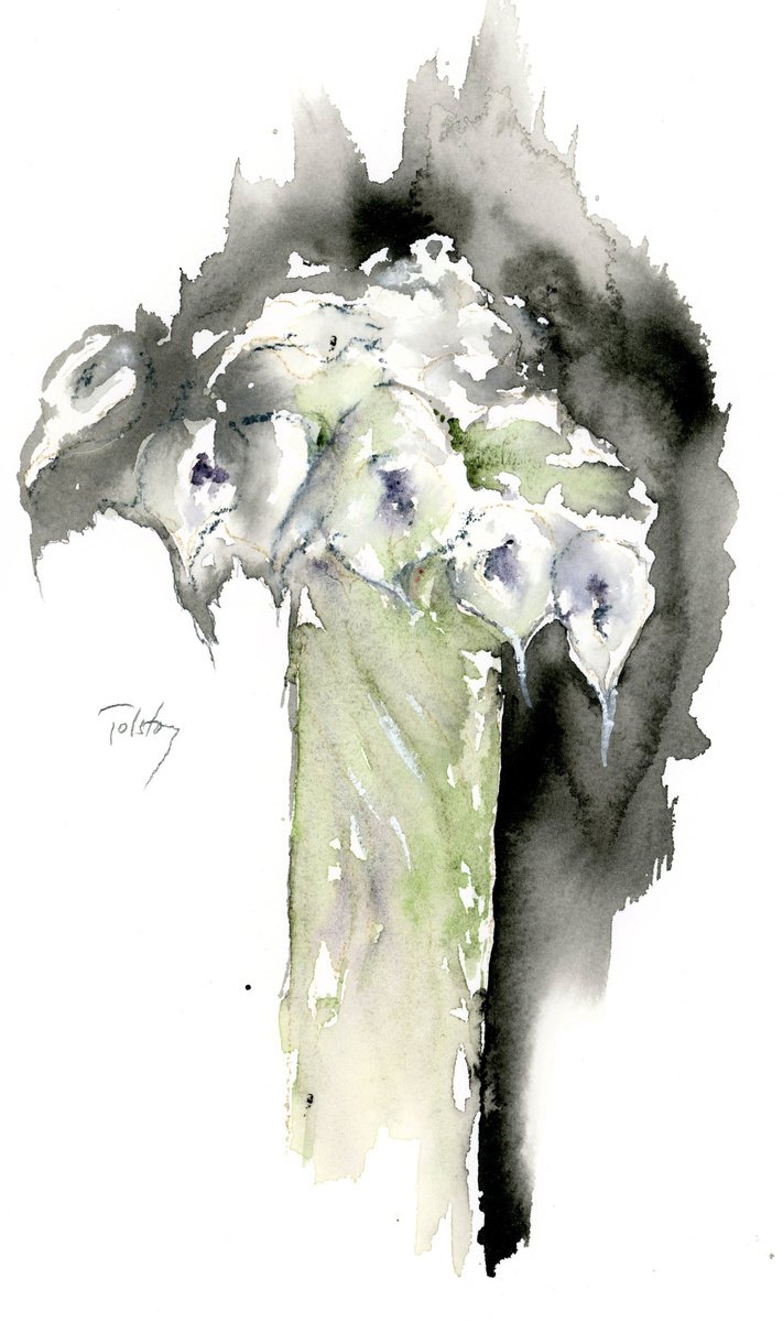 Impressionistic Botanical Watercolour By Alex Tolstoy, 7 X 12, Callas In A Vase, Original Artwork