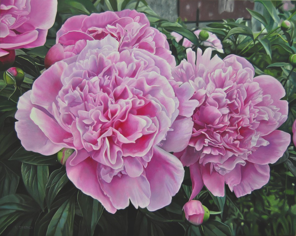 Photorealistic Oil Painting , Peonies Iv By Valeri Tsvetkov, 39 X 31, Artwork For Sale On Artfinder