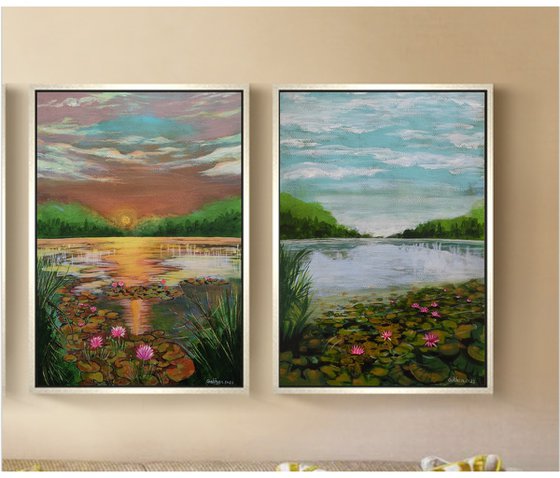 Sunrise water lilies,Sunset water lilies (Diptych)