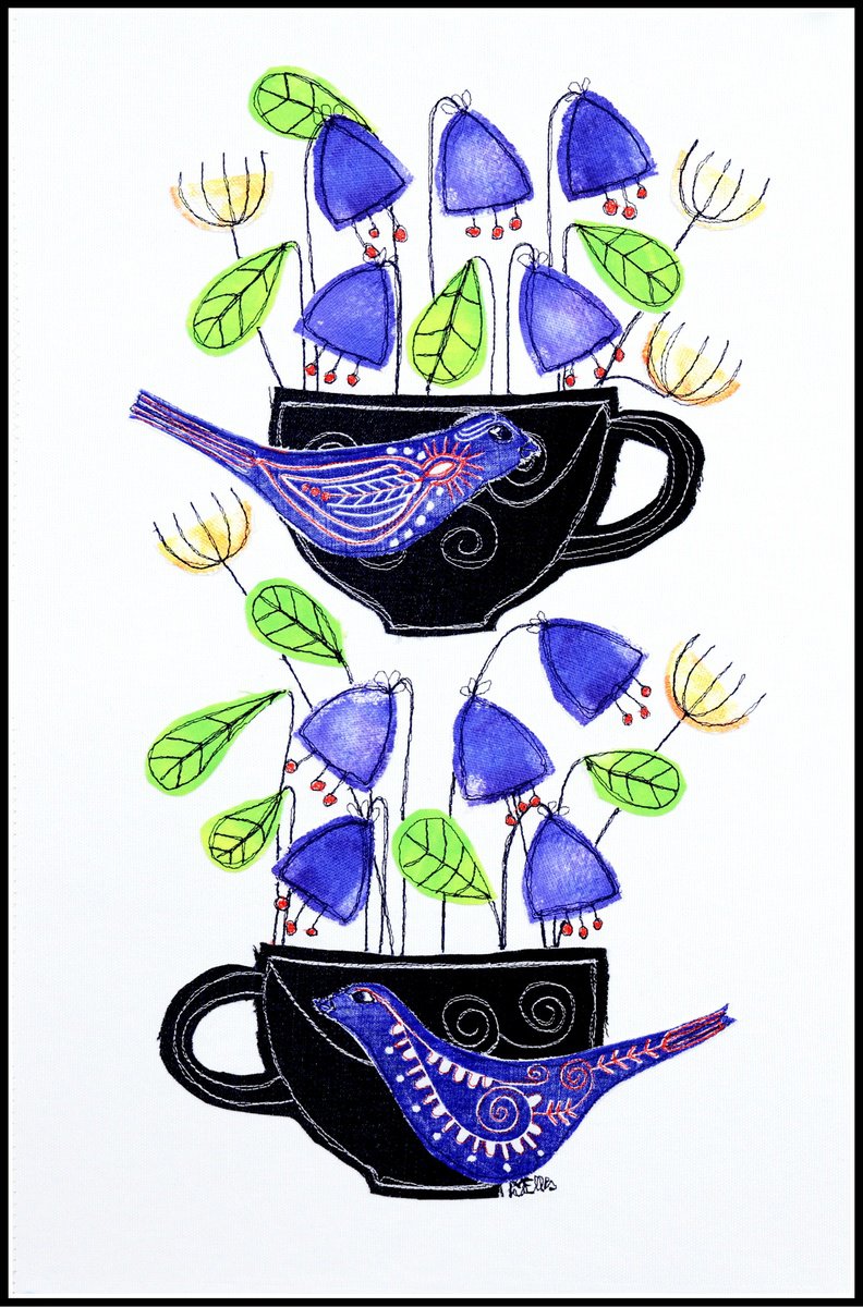 Still Life Collage By Mariann Johansen-Ellis, 12 X 20", Tea For Two, Original Artwork