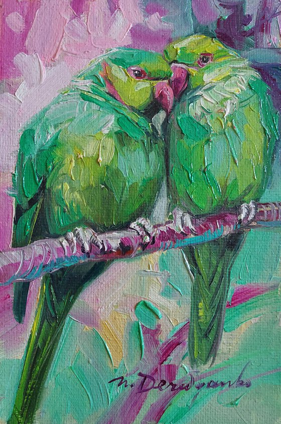 Parrots bird painting original framed, Two bird green art oil illustration small artwork, Bird lovers gift