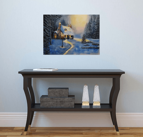Christmas tale, original winter, forest, house, snow, landscape oil painting