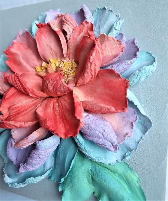 Flower panel rainbow peony 2. Small ceramic sculpture 3d flower with red and blue petals. Colourful peony botanical relief  - Xmas gift