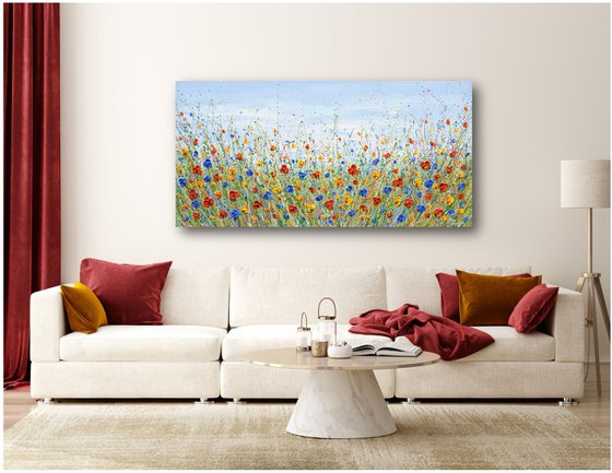 Colorful flower field - Wildflower meadow painting, palette knife art