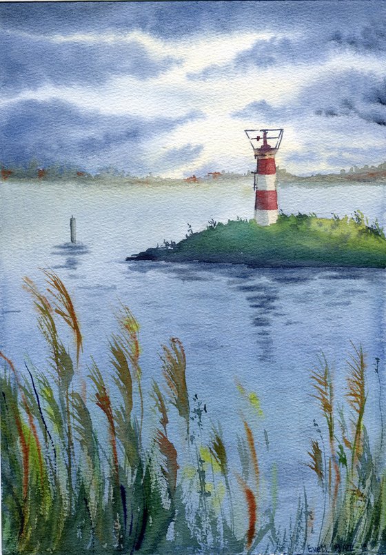 Old lighthouse. A storm is coming. Original artwork.