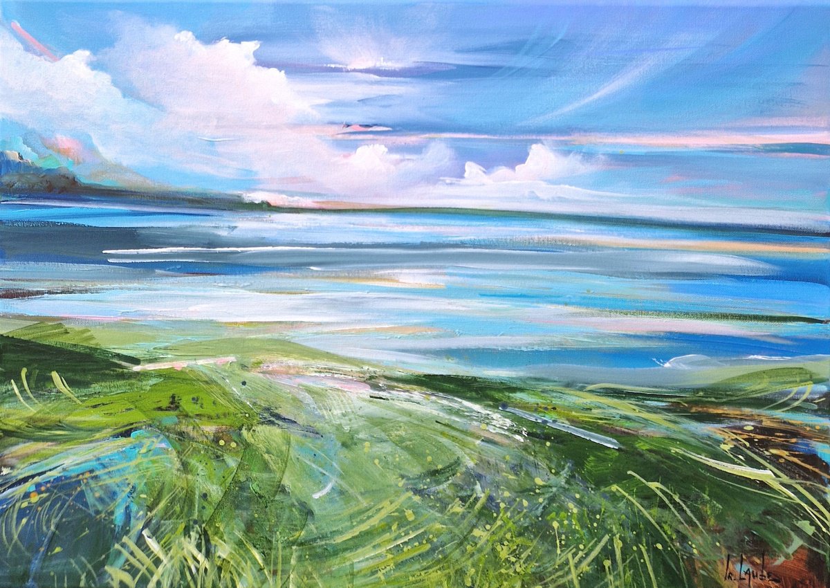 Impressionistic Landscape Acrylic Painting By Irina Laube, 28 X 20, Grassy Bank, Original Artwork