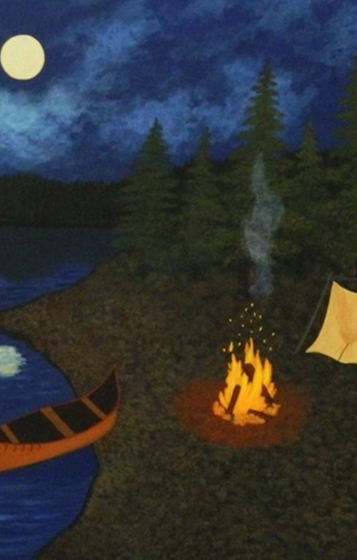 Under the Moonlight - nightscape campfire painting; home, office decor; gift ideas by Liza Wheeler