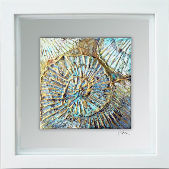 Fossil #3 (ammonite textured painting with gold highlights ) Framed ready to hang original