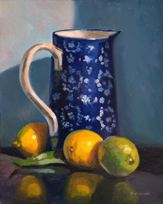 Lemons and Blue Pitcher