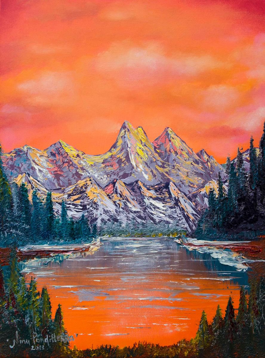 Mountains landscape at sunset - original oil painting by Nino Ponditerra