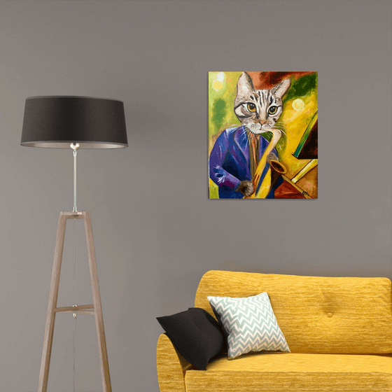 Cat  Saxophonist, musician, feline art for cat lovers