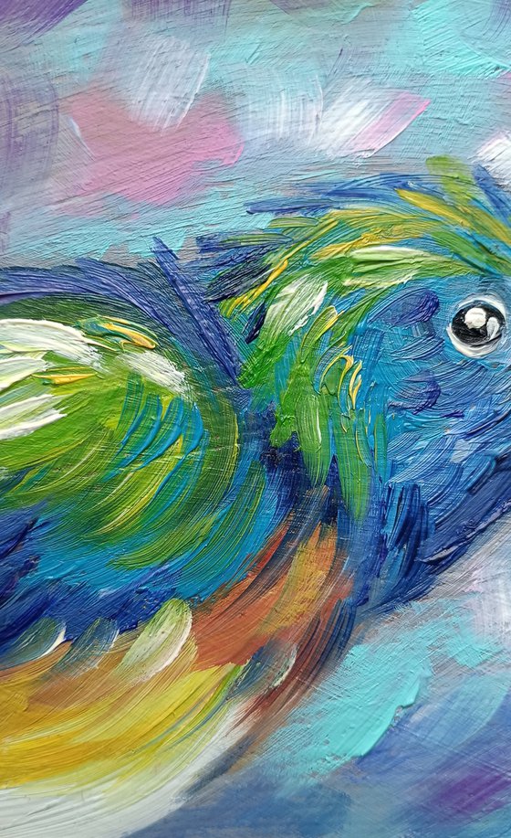 Bird - oil painting, face, animal, birds, gift idea, small size, postcard size, postcards, hummingbird