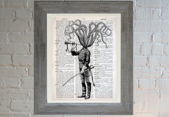 Octopus Soldier - Collage Art Print on Large Real English Dictionary Vintage Book Page