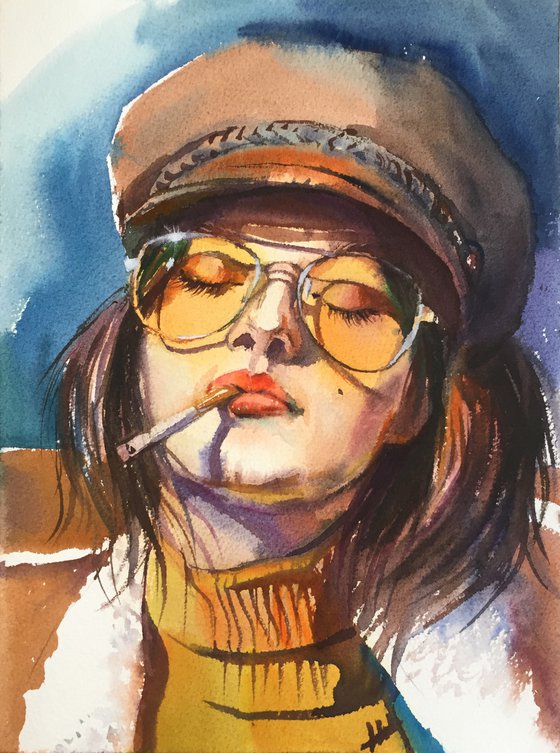 Smoking girl. Bright portrait of a girl.