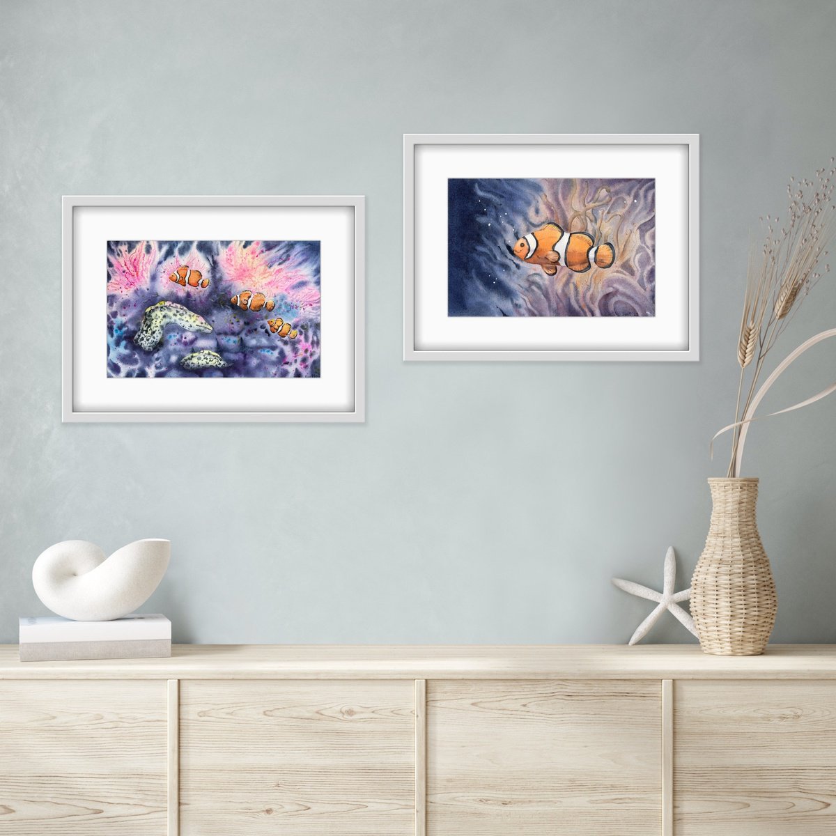 Set of two watercolor artworks. Underwater life of the coral reef. Fish Nemo and moray eel... by Evgeniya Mokeeva