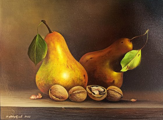 Still life-pears and walnuts (40x30cm, oil painting, ready to hang)