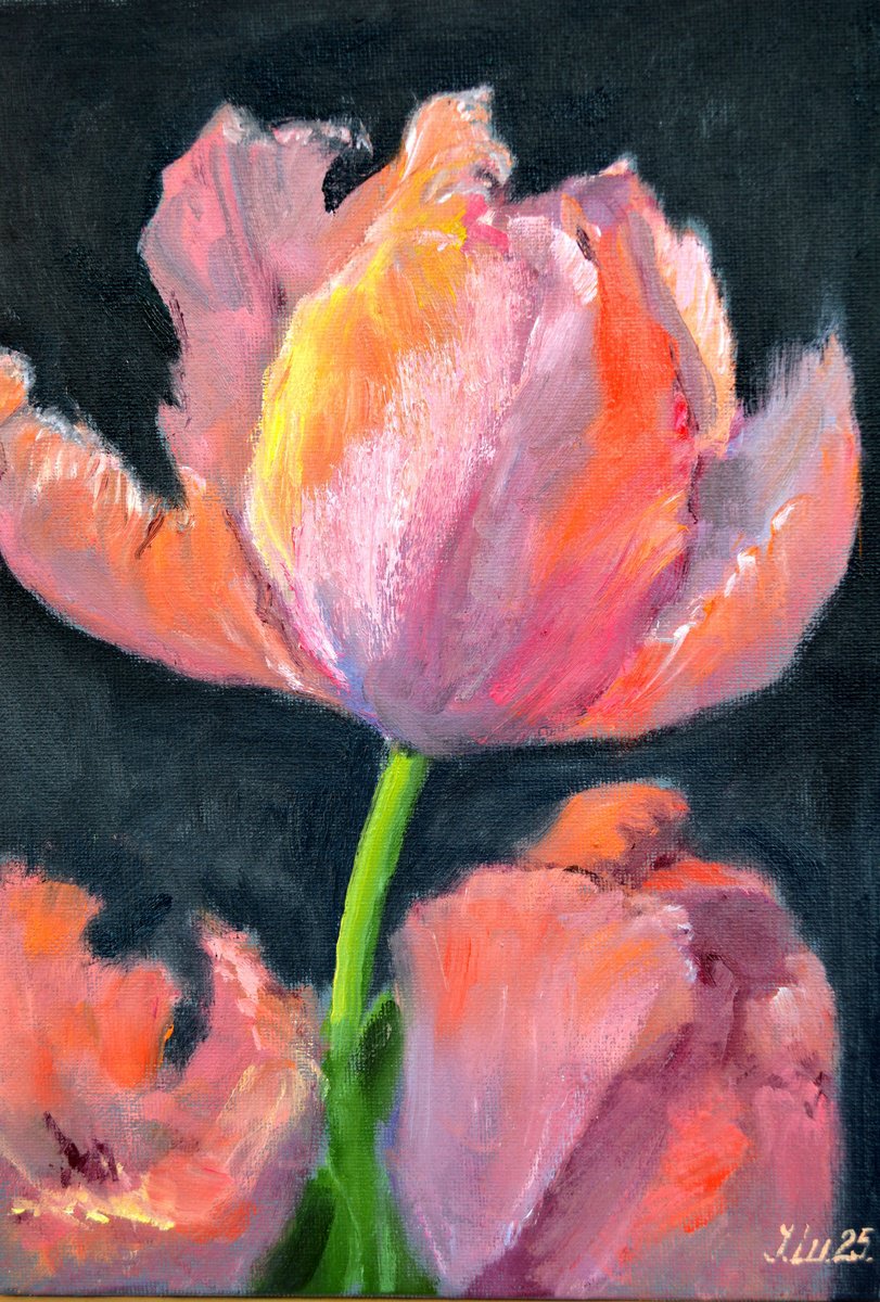 Expressive Botanical Oil Painting By Elena Lukina, 8 X 12, Coral Tulips 1, Original Artwork