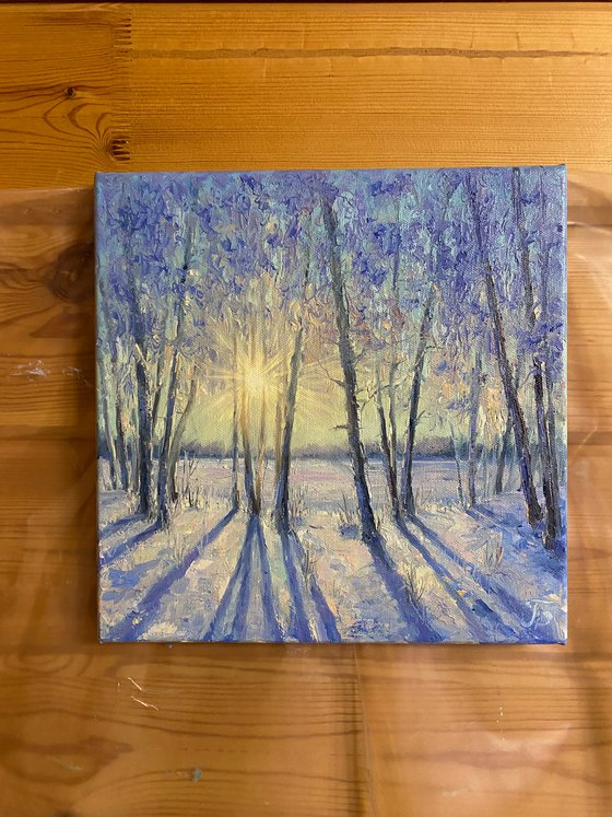 Winter lace.  Winter forest, winter landscape, small painting.