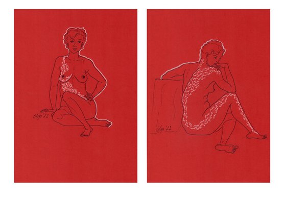 Set of 2 nude women - Red and white sensual diptych - Erotic mixed media drawings