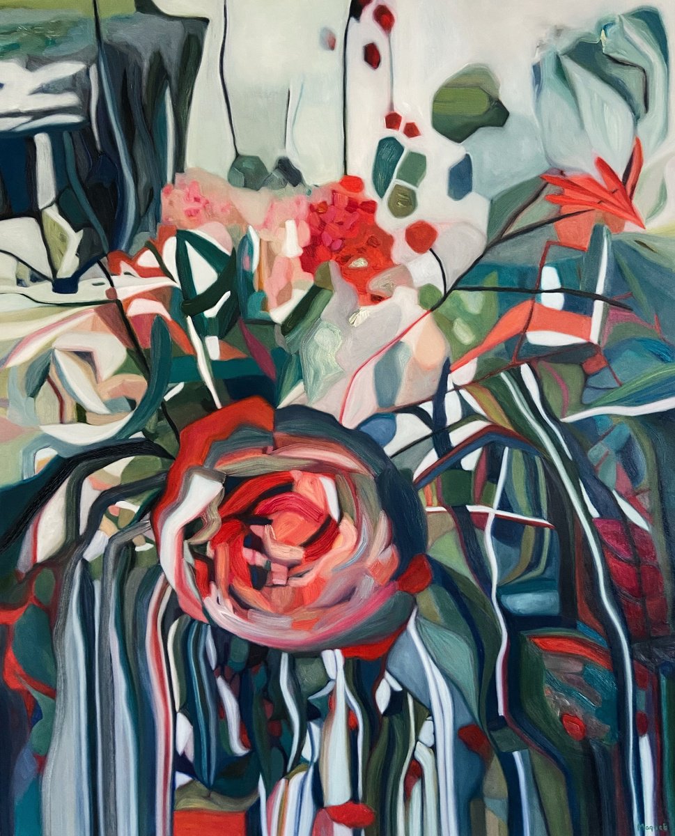 Organic Botanical Oil Painting By Nathalie Maquet, 32 X 39", Bouquet 38, Original Artwork