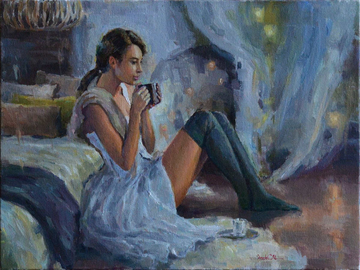 Impressionistic Portrait Oil Painting By Vachagan Manukyan, 16 X 12", A Moment Of Silence, Original Artwork