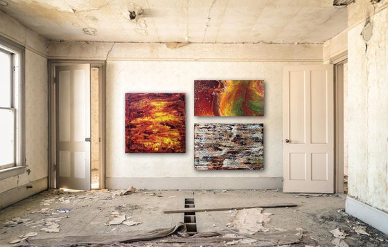 "Earth, Wind and Fire" - Save As Series - Original Large PMS Abstract Triptych Acrylic Paintings On Canvas - 66" x 42"