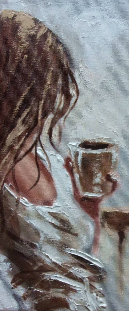 " COFFEE TIME " window liGHt  ORIGINAL OIL PAINTING, GIFT, PALETTE KNIFE by Monika Luniak