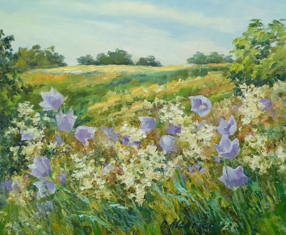 Blue bells of my hills / Summer herbs and flowers. Original plain air painting in oil by Olha Malko