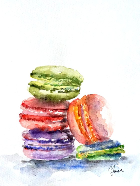French Macarons - Original Watercolor Painting - Macaroons in Watercolor - Food Art  -Aquarelle Artwork