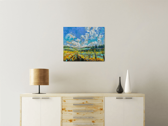 Fields - Yellow mood, 50*60 cm, impasto impressionistic landscape oil painting in yellow and blue colours