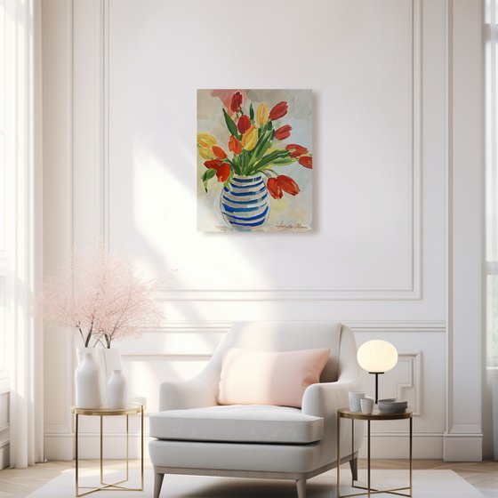 Striped Vase with Tulips