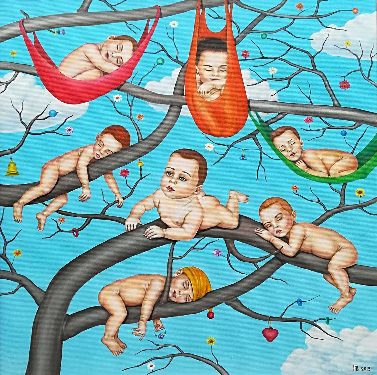 Surrealistic Portrait Oil Painting By Grigor Velev, 21 X 21, Newborn Thoughts, Original Artwork