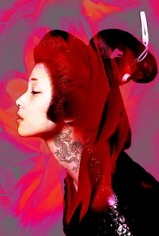 Japanese Geisha in Red Flower