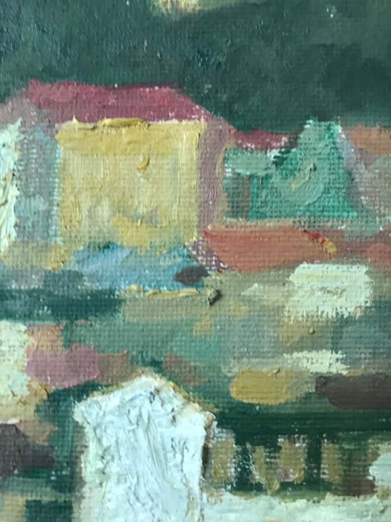 Original Oil Painting Wall Art Artwork Signed Hand Made Jixiang Dong Canvas 25cm × 30cm Scarborough Market small building Impressionism