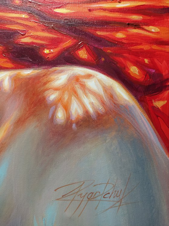 underwater original painting large format redhead girl underwater sun and sea underwater art mermaid underwater life art large wall painting "Fiery mermaid"