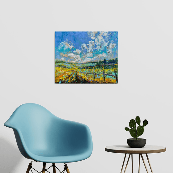 Fields - Yellow mood, 50*60 cm, impasto impressionistic landscape oil painting in yellow and blue colours