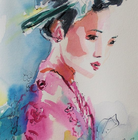 Michiko 2 - Geisha Watercoolr Painting